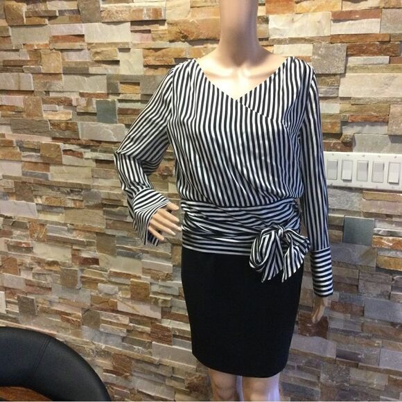 ALICE + OLIVIA Alba Crossover Striped Tie-Waist Silk Blouse - Picture 1 of 11